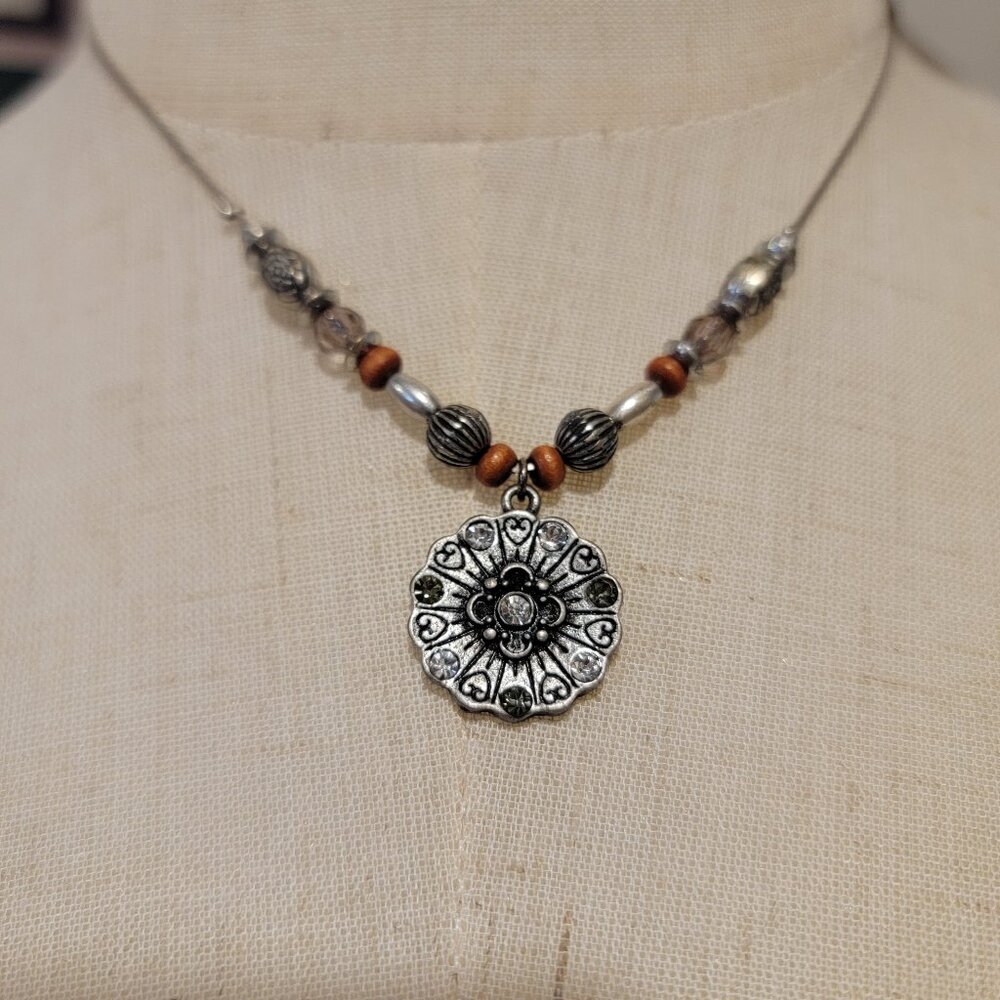 VTG Lia Sophia Necklace: Silver Pendant with Silver & Amber Beads.  Adjustable!